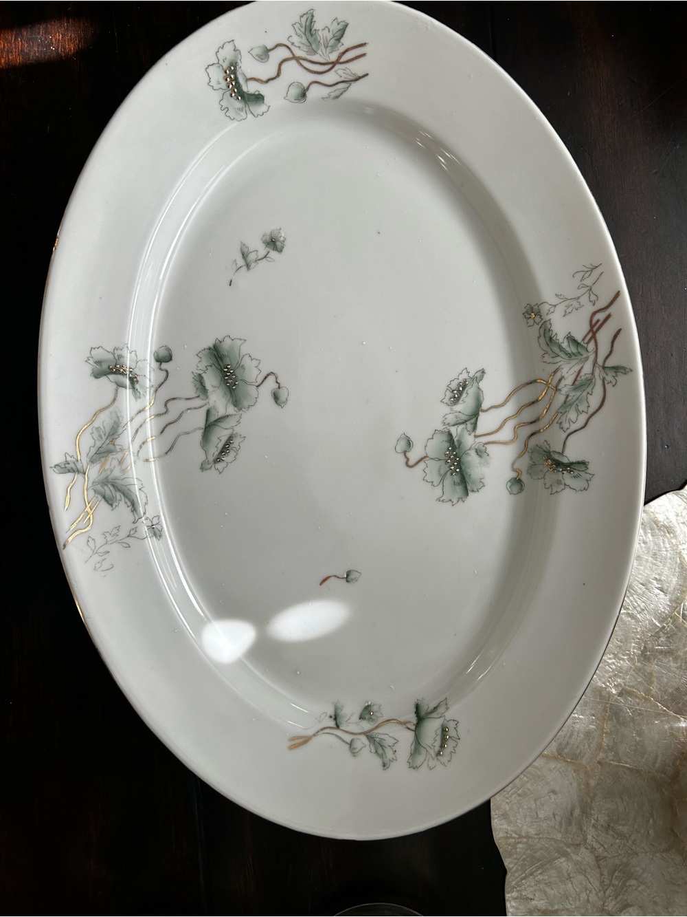 Vintage Floral White Porcelain Serving Platter with Green Accents